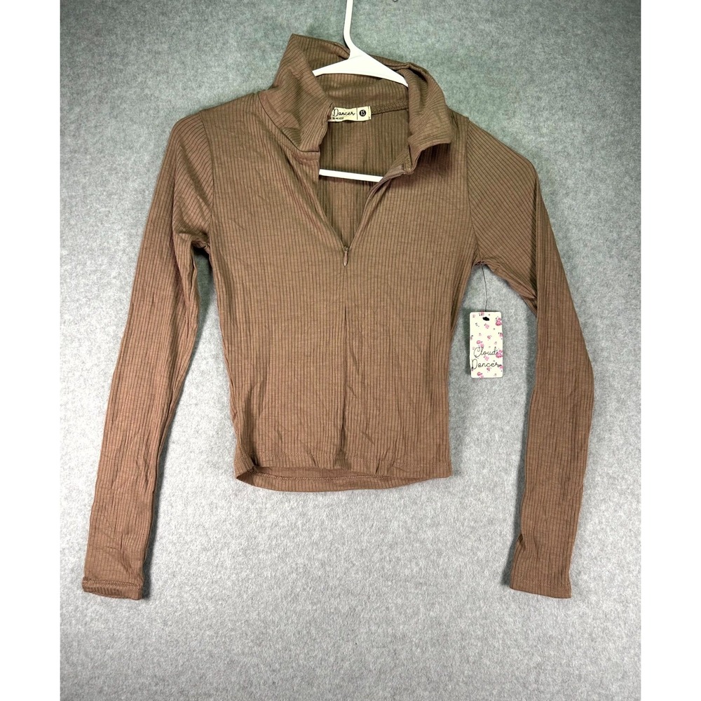 Cloud Dancer Top Womens XS Brown Stretch Classic Rib Knit Mock Neck Quarter Zip